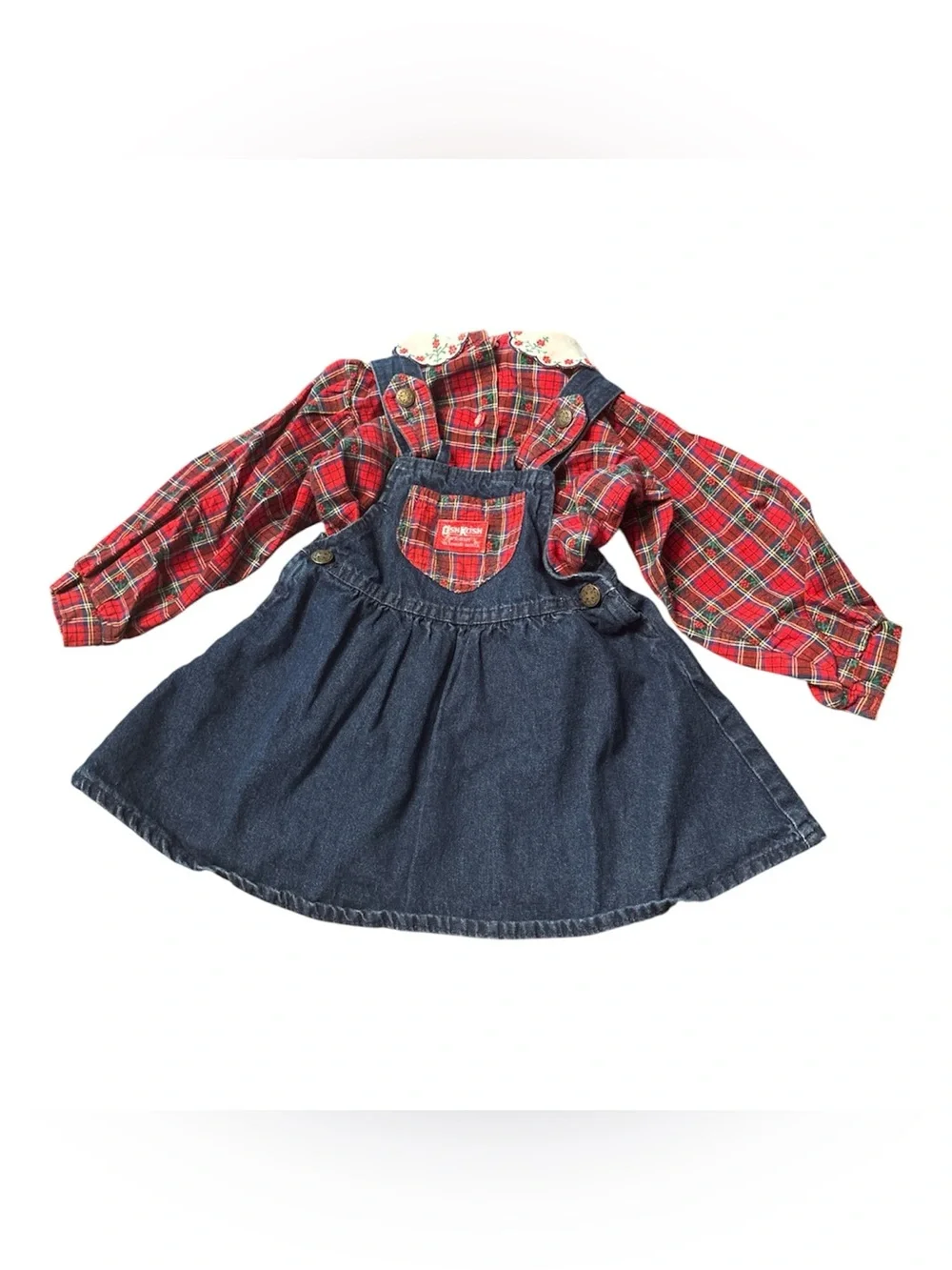 Vintage TWO-PIECE OshKosh B'gosh Denim Jumper Set Plaid Blouse 80s 90s size 3T